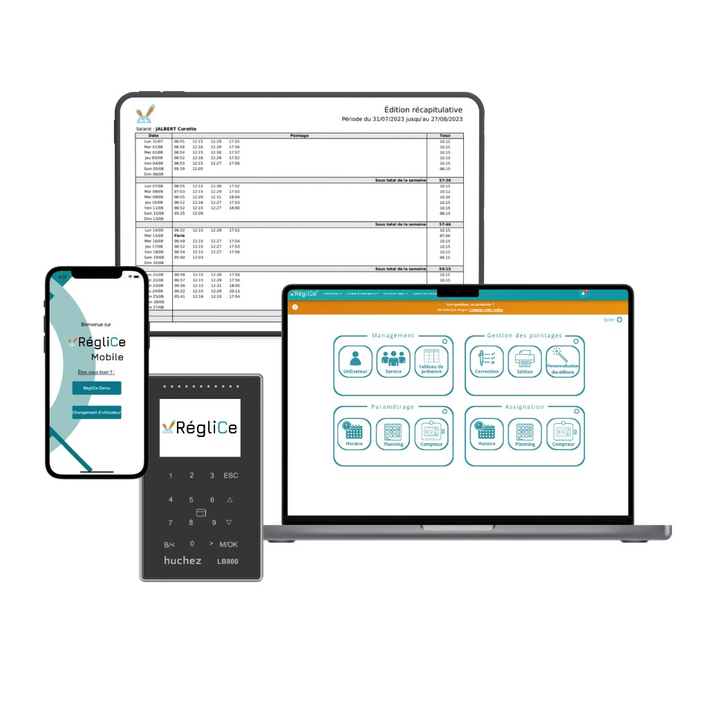 RégliCe disponible sur badgeuse physique, application mobile et navigateur web